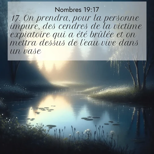Segond21 Nombres  ; image nature: image avec le verset biblique :On prendra, pour la personne impure, des cendres de la victime expiatoire qui a été brûlée et on mettra dessus de l&#039;eau vive dans un vase. ;  ; 19:17