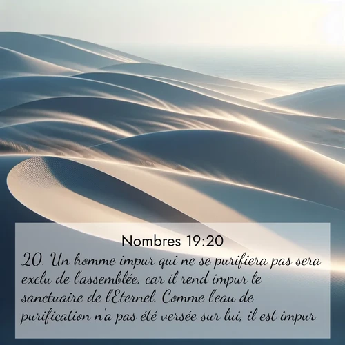 Segond21 Nombres  ; image nature: image avec le verset biblique :Un homme impur qui ne se purifiera pas sera exclu de l&#039;assemblée, car il rend impur le sanctuaire de l&#039;Eternel. Comme l&#039;eau de purification n&#039;a pas été versée sur lui, il est impur. ;  ; 19:20