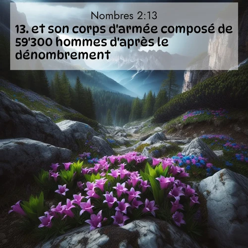 Segond21 Nombres  ; image nature: image avec le verset biblique :et son corps d&#039;armée composé de 59&#039;300 hommes d&#039;après le dénombrement, ;  ; 2:13
