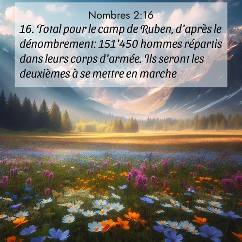 Segond21 Nombres  ; image nature: image avec le verset biblique :Total pour le camp de Ruben, d&#039;après le dénombrement: 151&#039;450 hommes répartis dans leurs corps d&#039;armée. Ils seront les deuxièmes à se mettre en marche. ;  ; 2:16