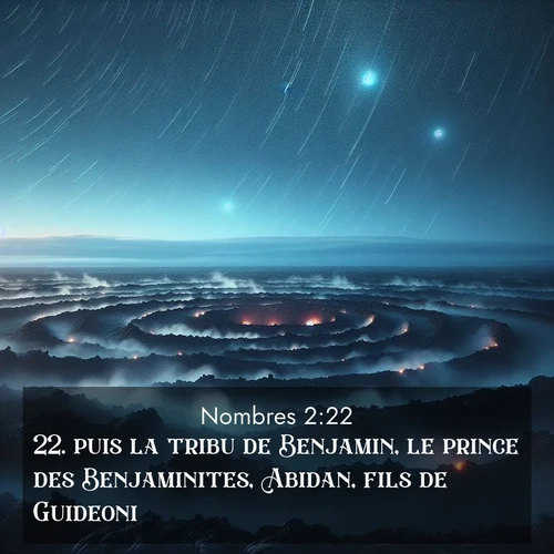 Segond21 Nombres  ; image nature: image avec le verset biblique :puis la tribu de Benjamin, le prince des Benjaminites, Abidan, fils de Guideoni, ;  ; 2:22