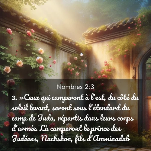 Segond21 Nombres  ; image nature: image avec le verset biblique :»Ceux qui camperont à l&#039;est, du côté du soleil levant, seront sous l&#039;étendard du camp de Juda, répartis dans leurs corps d&#039;armée. Là camperont le prince des Judéens, Nachshon, fils d&#039;Amminadab, ;  ; 2:3