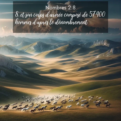 Segond21 Nombres  ; image nature: image avec le verset biblique :et son corps d&#039;armée composé de 57&#039;400 hommes d&#039;après le dénombrement. ;  ; 2:8