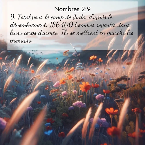 Segond21 Nombres  ; image nature: image avec le verset biblique :Total pour le camp de Juda, d&#039;après le dénombrement: 186&#039;400 hommes répartis dans leurs corps d&#039;armée. Ils se mettront en marche les premiers. ;  ; 2:9