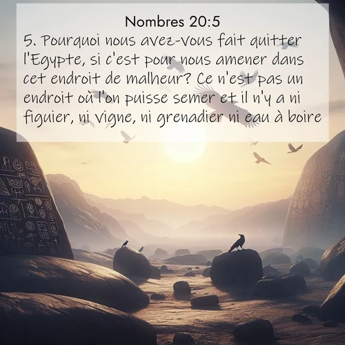 Segond21 Nombres  ; image nature: image avec le verset biblique :Pourquoi nous avez-vous fait quitter l&#039;Egypte, si c&#039;est pour nous amener dans cet endroit de malheur? Ce n&#039;est pas un endroit où l&#039;on puisse semer et il n&#039;y a ni figuier, ni vigne, ni grenadier ni eau à boire.» ;  ; 20:5