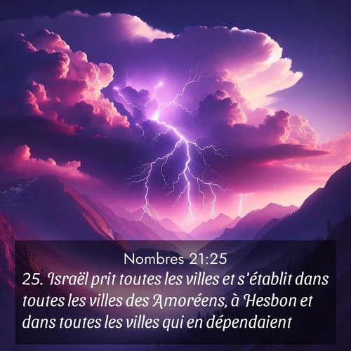 Segond21 Nombres  ; image nature: image avec le verset biblique :Israël prit toutes les villes et s&#039;établit dans toutes les villes des Amoréens, à Hesbon et dans toutes les villes qui en dépendaient. ;  ; 21:25