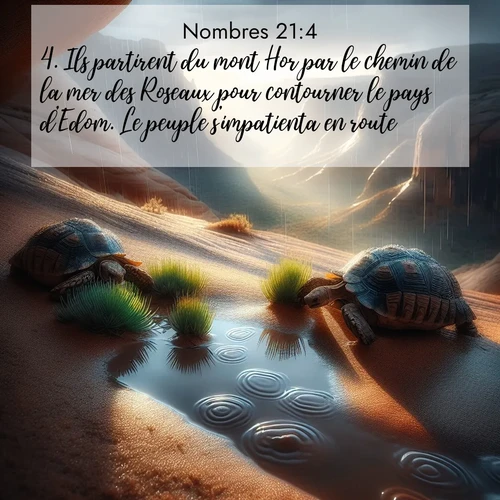 Segond21 Nombres  ; image nature: image avec le verset biblique :Ils partirent du mont Hor par le chemin de la mer des Roseaux pour contourner le pays d&#039;Edom. Le peuple s&#039;impatienta en route ;  ; 21:4