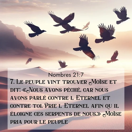 Segond21 Nombres  ; image nature: image avec le verset biblique :Le peuple vint trouver Moïse et dit: «Nous avons péché, car nous avons parlé contre l&#039;Eternel et contre toi. Prie l&#039;Eternel afin qu&#039;il éloigne ces serpents de nous.» Moïse pria pour le peuple, ;  ; 21:7