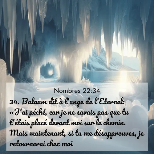 Segond21 Nombres  ; image nature: image avec le verset biblique :Balaam dit à l&#039;ange de l&#039;Eternel: «J&#039;ai péché, car je ne savais pas que tu t&#039;étais placé devant moi sur le chemin. Mais maintenant, si tu me désapprouves, je retournerai chez moi.» ;  ; 22:34