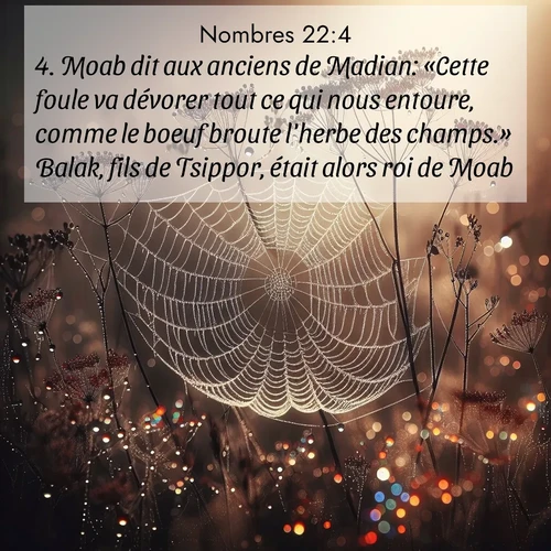 Segond21 Nombres  ; image nature: image avec le verset biblique :Moab dit aux anciens de Madian: «Cette foule va dévorer tout ce qui nous entoure, comme le boeuf broute l&#039;herbe des champs.» Balak, fils de Tsippor, était alors roi de Moab. ;  ; 22:4