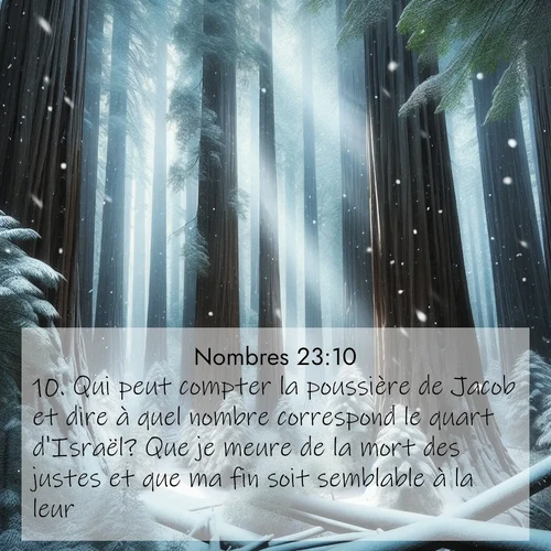 Segond21 Nombres  ; image nature: image avec le verset biblique :Qui peut compter la poussière de Jacob et dire à quel nombre correspond le quart d&#039;Israël? Que je meure de la mort des justes et que ma fin soit semblable à la leur!» ;  ; 23:10