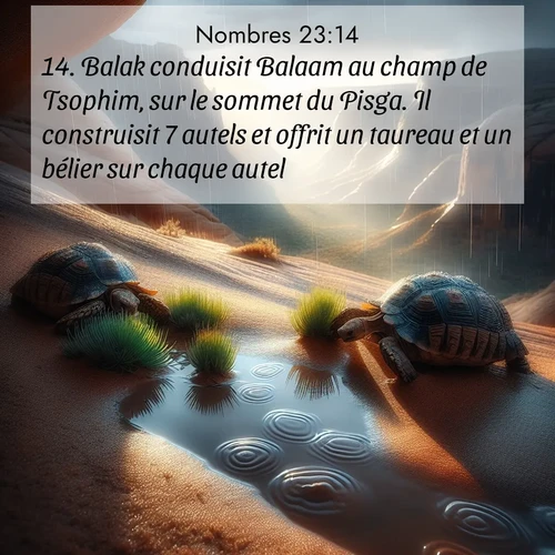 Segond21 Nombres  ; image nature: image avec le verset biblique :Balak conduisit Balaam au champ de Tsophim, sur le sommet du Pisga. Il construisit 7 autels et offrit un taureau et un bélier sur chaque autel. ;  ; 23:14