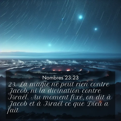 Segond21 Nombres  ; image nature: image avec le verset biblique :La magie ne peut rien contre Jacob, ni la divination contre Israël. Au moment fixé, on dit à Jacob et à Israël ce que Dieu a fait. ;  ; 23:23