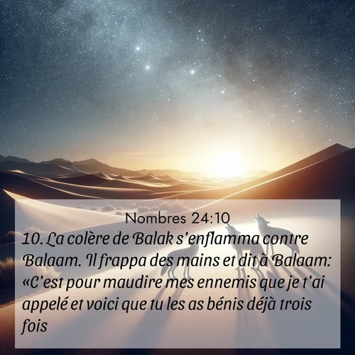 Segond21 Nombres  ; image nature: image avec le verset biblique :La colère de Balak s&#039;enflamma contre Balaam. Il frappa des mains et dit à Balaam: «C&#039;est pour maudire mes ennemis que je t&#039;ai appelé et voici que tu les as bénis déjà trois fois. ;  ; 24:10