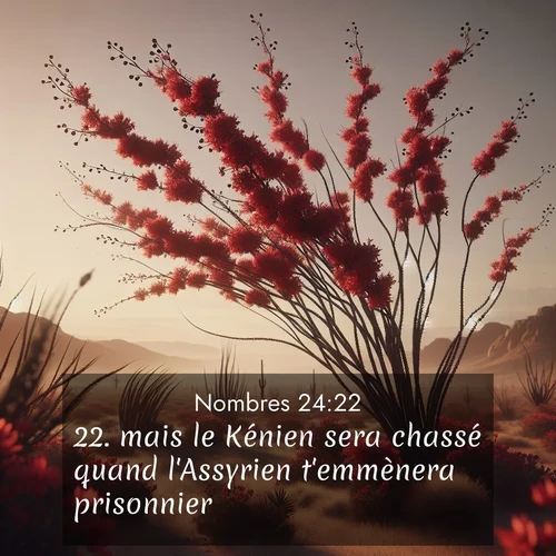 Segond21 Nombres  ; image nature: image avec le verset biblique :mais le Kénien sera chassé quand l&#039;Assyrien t&#039;emmènera prisonnier.» ;  ; 24:22