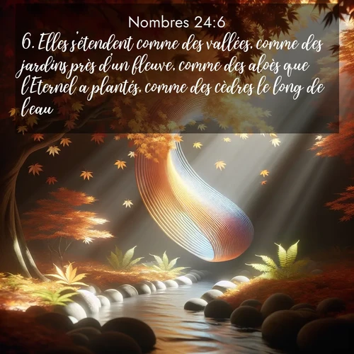 Segond21 Nombres  ; image nature: image avec le verset biblique :Elles s&#039;étendent comme des vallées, comme des jardins près d&#039;un fleuve, comme des aloès que l&#039;Eternel a plantés, comme des cèdres le long de l&#039;eau. ;  ; 24:6
