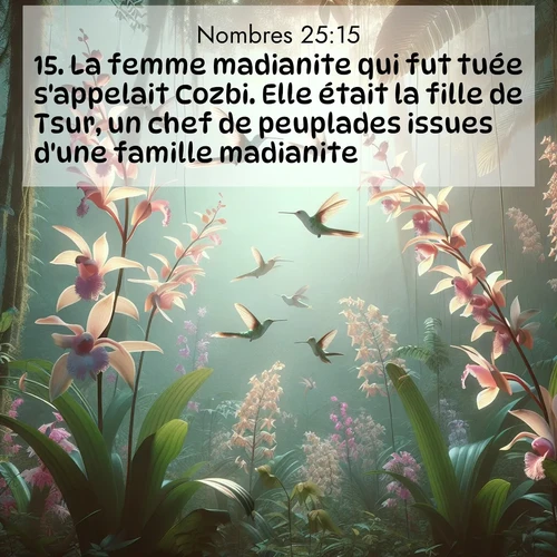 Segond21 Nombres  ; image nature: image avec le verset biblique :La femme madianite qui fut tuée s&#039;appelait Cozbi. Elle était la fille de Tsur, un chef de peuplades issues d&#039;une famille madianite. ;  ; 25:15