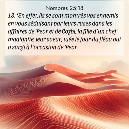 Segond21 Nombres  ; image nature: image avec le verset biblique :En effet, ils se sont montrés vos ennemis en vous séduisant par leurs ruses dans les affaires de Peor et de Cozbi, la fille d&#039;un chef madianite, leur soeur, tuée le jour du fléau qui a surgi à l&#039;occasion de Peor.» ;  ; 25:18