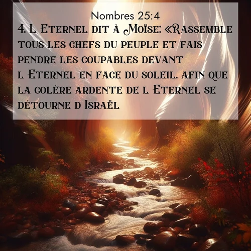 Segond21 Nombres  ; image nature: image avec le verset biblique :L&#039;Eternel dit à Moïse: «Rassemble tous les chefs du peuple et fais pendre les coupables devant l&#039;Eternel en face du soleil, afin que la colère ardente de l&#039;Eternel se détourne d&#039;Israël.» ;  ; 25:4