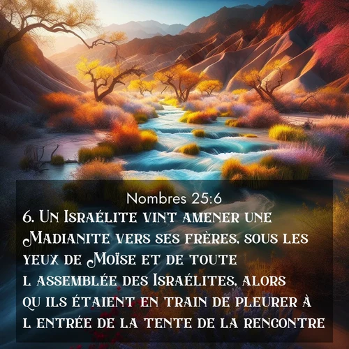 Segond21 Nombres  ; image nature: image avec le verset biblique :Un Israélite vint amener une Madianite vers ses frères, sous les yeux de Moïse et de toute l&#039;assemblée des Israélites, alors qu&#039;ils étaient en train de pleurer à l&#039;entrée de la tente de la rencontre. ;  ; 25:6