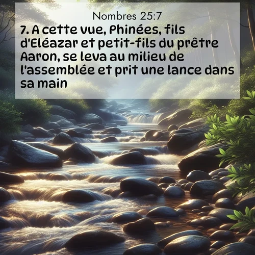 Segond21 Nombres  ; image nature: image avec le verset biblique :A cette vue, Phinées, fils d&#039;Eléazar et petit-fils du prêtre Aaron, se leva au milieu de l&#039;assemblée et prit une lance dans sa main. ;  ; 25:7