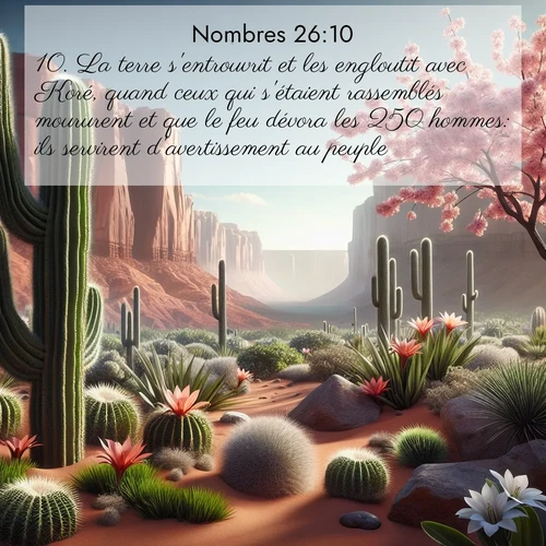 Segond21 Nombres  ; image nature: image avec le verset biblique :La terre s&#039;entrouvrit et les engloutit avec Koré, quand ceux qui s&#039;étaient rassemblés moururent et que le feu dévora les 250 hommes: ils servirent d&#039;avertissement au peuple. ;  ; 26:10