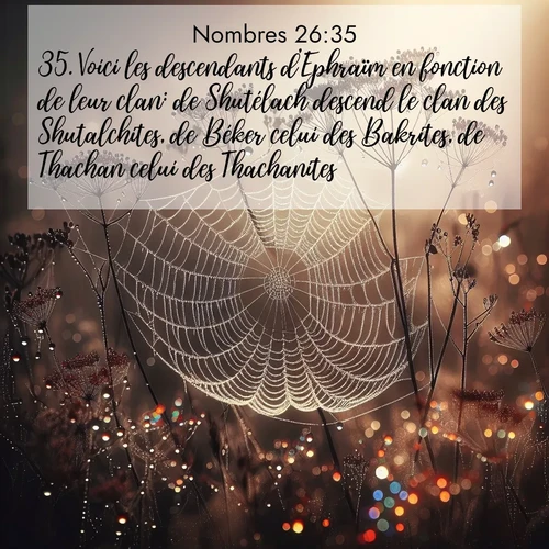 Segond21 Nombres  ; image nature: image avec le verset biblique :Voici les descendants d&#039;Ephraïm en fonction de leur clan: de Shutélach descend le clan des Shutalchites, de Béker celui des Bakrites, de Thachan celui des Thachanites. ;  ; 26:35