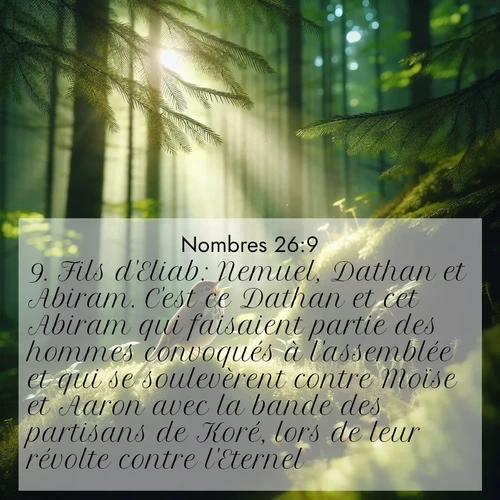 Segond21 Nombres  ; image nature: image avec le verset biblique :Fils d&#039;Eliab: Nemuel, Dathan et Abiram. C&#039;est ce Dathan et cet Abiram qui faisaient partie des hommes convoqués à l&#039;assemblée et qui se soulevèrent contre Moïse et Aaron avec la bande des partisans de Koré, lors de leur révolte contre l&#039;Eternel. ;  ; 26:9