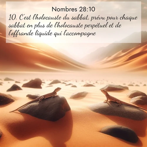 Segond21 Nombres  ; image nature: image avec le verset biblique :C&#039;est l&#039;holocauste du sabbat, prévu pour chaque sabbat en plus de l&#039;holocauste perpétuel et de l&#039;offrande liquide qui l&#039;accompagne. ;  ; 28:10