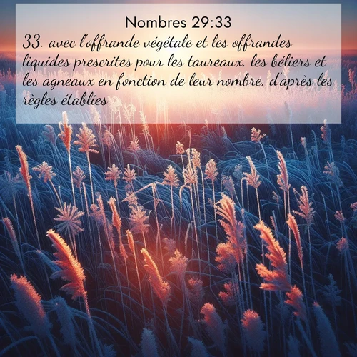 Segond21 Nombres  ; image nature: image avec le verset biblique :avec l&#039;offrande végétale et les offrandes liquides prescrites pour les taureaux, les béliers et les agneaux en fonction de leur nombre, d&#039;après les règles établies. ;  ; 29:33