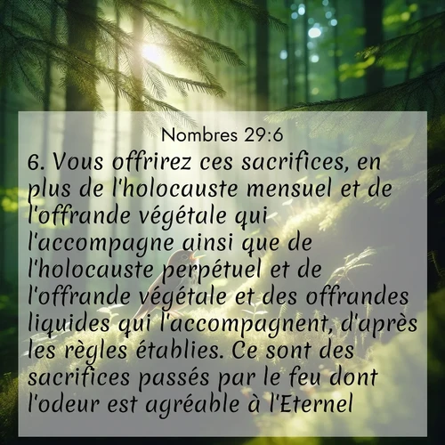 Segond21 Nombres  ; image nature: image avec le verset biblique :Vous offrirez ces sacrifices, en plus de l&#039;holocauste mensuel et de l&#039;offrande végétale qui l&#039;accompagne ainsi que de l&#039;holocauste perpétuel et de l&#039;offrande végétale et des offrandes liquides qui l&#039;accompagnent, d&#039;après les règles établies. Ce sont des sacrifices passés par le feu dont l&#039;odeur est agréable à l&#039;Eternel. ;  ; 29:6