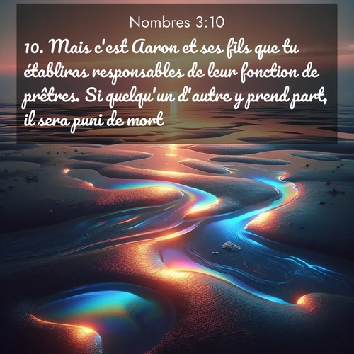 Segond21 Nombres  ; image nature: image avec le verset biblique :Mais c&#039;est Aaron et ses fils que tu établiras responsables de leur fonction de prêtres. Si quelqu&#039;un d&#039;autre y prend part, il sera puni de mort.» ;  ; 3:10