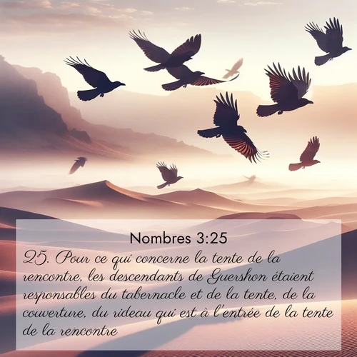 Segond21 Nombres  ; image nature: image avec le verset biblique :Pour ce qui concerne la tente de la rencontre, les descendants de Guershon étaient responsables du tabernacle et de la tente, de la couverture, du rideau qui est à l&#039;entrée de la tente de la rencontre, ;  ; 3:25