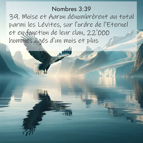 Segond21 Nombres  ; image nature: image avec le verset biblique :Moïse et Aaron dénombrèrent au total parmi les Lévites, sur l&#039;ordre de l&#039;Eternel et en fonction de leur clan, 22&#039;000 hommes âgés d&#039;un mois et plus. ;  ; 3:39