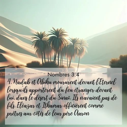 Segond21 Nombres  ; image nature: image avec le verset biblique :Nadab et Abihu moururent devant l&#039;Eternel lorsqu&#039;ils apportèrent du feu étranger devant lui, dans le désert du Sinaï. Ils n&#039;avaient pas de fils. Eléazar et Ithamar officièrent comme prêtres aux côtés de leur père Aaron. ;  ; 3:4
