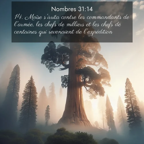 Segond21 Nombres  ; image nature: image avec le verset biblique :Moïse s&#039;irrita contre les commandants de l&#039;armée, les chefs de milliers et les chefs de centaines qui revenaient de l&#039;expédition. ;  ; 31:14