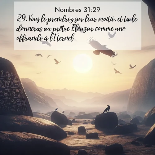 Segond21 Nombres  ; image nature: image avec le verset biblique :Vous le prendrez sur leur moitié, et tu le donneras au prêtre Eléazar comme une offrande à l&#039;Eternel. ;  ; 31:29