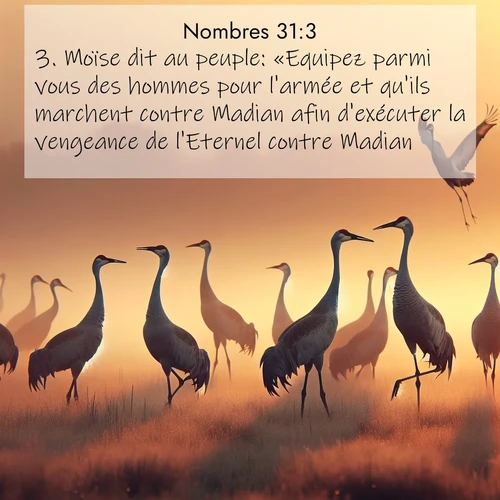 Segond21 Nombres  ; image nature: image avec le verset biblique :Moïse dit au peuple: «Equipez parmi vous des hommes pour l&#039;armée et qu&#039;ils marchent contre Madian afin d&#039;exécuter la vengeance de l&#039;Eternel contre Madian. ;  ; 31:3