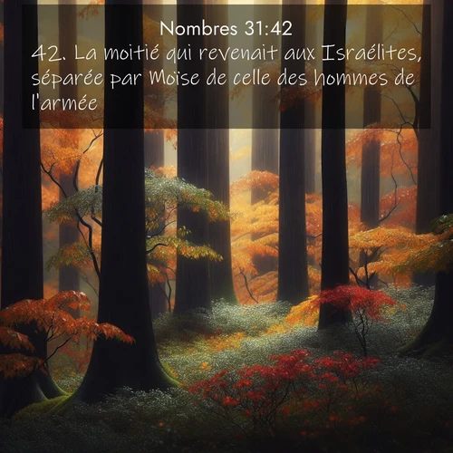 Segond21 Nombres  ; image nature: image avec le verset biblique :La moitié qui revenait aux Israélites, séparée par Moïse de celle des hommes de l&#039;armée, ;  ; 31:42