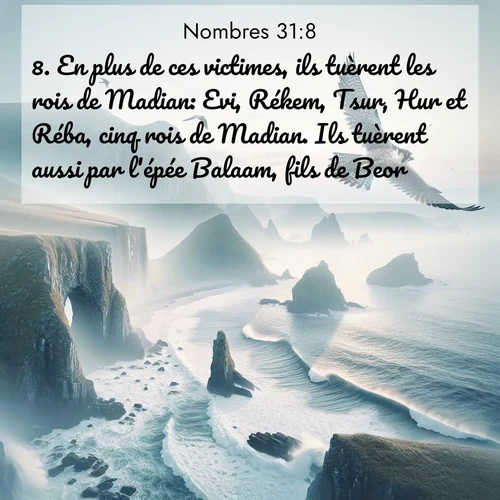 Segond21 Nombres  ; image nature: image avec le verset biblique :En plus de ces victimes, ils tuèrent les rois de Madian: Evi, Rékem, Tsur, Hur et Réba, cinq rois de Madian. Ils tuèrent aussi par l&#039;épée Balaam, fils de Beor. ;  ; 31:8
