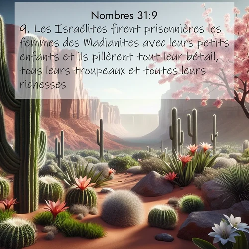 Segond21 Nombres  ; image nature: image avec le verset biblique :Les Israélites firent prisonnières les femmes des Madianites avec leurs petits enfants et ils pillèrent tout leur bétail, tous leurs troupeaux et toutes leurs richesses. ;  ; 31:9
