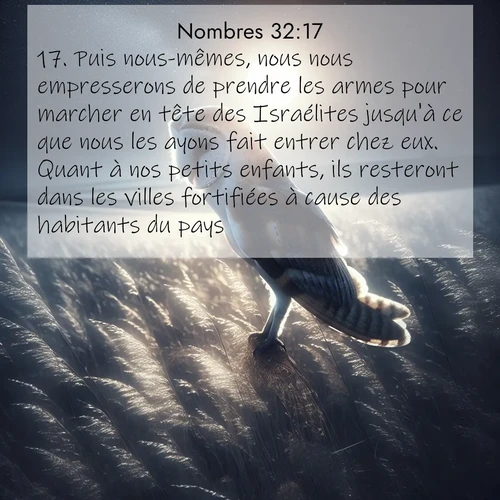 Segond21 Nombres  ; image nature: image avec le verset biblique :Puis nous-mêmes, nous nous empresserons de prendre les armes pour marcher en tête des Israélites jusqu&#039;à ce que nous les ayons fait entrer chez eux. Quant à nos petits enfants, ils resteront dans les villes fortifiées à cause des habitants du pays. ;  ; 32:17
