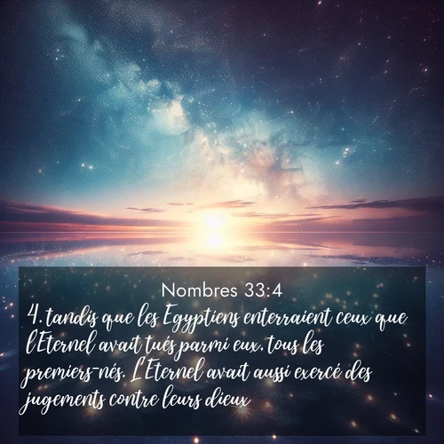 Segond21 Nombres  ; image nature: image avec le verset biblique :tandis que les Egyptiens enterraient ceux que l&#039;Eternel avait tués parmi eux, tous les premiers-nés. L&#039;Eternel avait aussi exercé des jugements contre leurs dieux. ;  ; 33:4