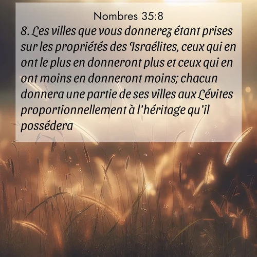 Segond21 Nombres  ; image nature: image avec le verset biblique :Les villes que vous donnerez étant prises sur les propriétés des Israélites, ceux qui en ont le plus en donneront plus et ceux qui en ont moins en donneront moins; chacun donnera une partie de ses villes aux Lévites proportionnellement à l&#039;héritage qu&#039;il possédera.» ;  ; 35:8