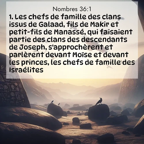 Segond21 Nombres  ; image nature: image avec le verset biblique :Les chefs de famille des clans issus de Galaad, fils de Makir et petit-fils de Manassé, qui faisaient partie des clans des descendants de Joseph, s&#039;approchèrent et parlèrent devant Moïse et devant les princes, les chefs de famille des Israélites. ;  ; 36:1