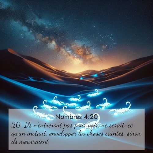 Segond21 Nombres  ; image nature: image avec le verset biblique :Ils n&#039;entreront pas pour voir, ne serait-ce qu&#039;un instant, envelopper les choses saintes, sinon ils mourraient.» ;  ; 4:20