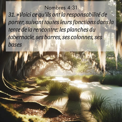 Segond21 Nombres  ; image nature: image avec le verset biblique :»Voici ce qu&#039;ils ont la responsabilité de porter, suivant toutes leurs fonctions dans la tente de la rencontre: les planches du tabernacle, ses barres, ses colonnes, ses bases, ;  ; 4:31