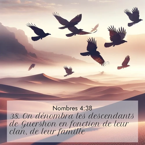 Segond21 Nombres  ; image nature: image avec le verset biblique :On dénombra les descendants de Guershon en fonction de leur clan, de leur famille, ;  ; 4:38
