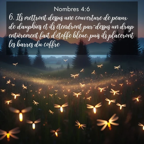 Segond21 Nombres  ; image nature: image avec le verset biblique :Ils mettront dessus une couverture de peaux de dauphins et ils étendront par-dessus un drap entièrement fait d&#039;étoffe bleue, puis ils placeront les barres du coffre. ;  ; 4:6