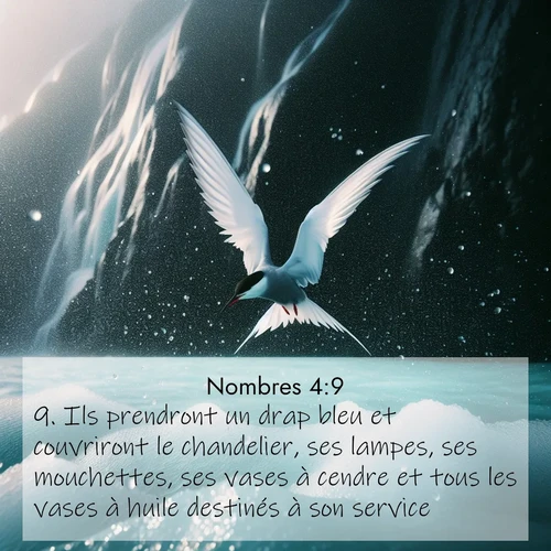 Segond21 Nombres  ; image nature: image avec le verset biblique :Ils prendront un drap bleu et couvriront le chandelier, ses lampes, ses mouchettes, ses vases à cendre et tous les vases à huile destinés à son service. ;  ; 4:9